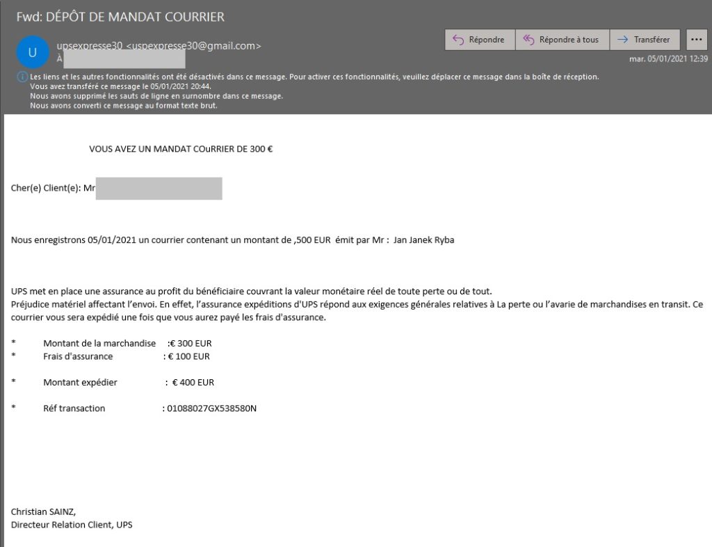 Faux e-mail du service de transport indiquant le montant de l'assurance.