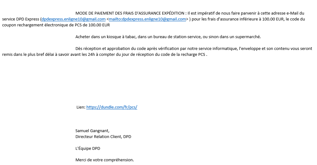 E-mail demandant le paiement des faux frais d'assurance.