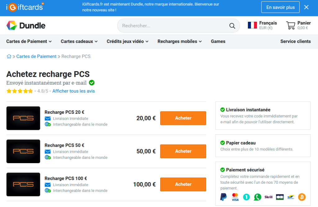 Site web pour l'achat d'une recharge PCS.