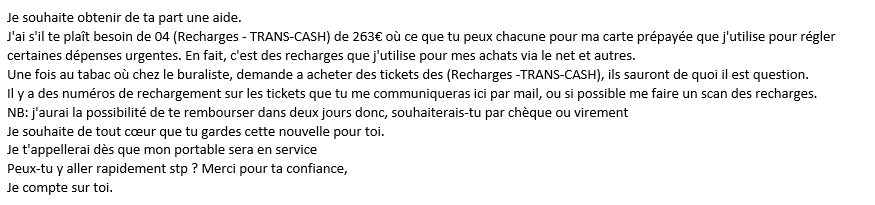 La fameuse demande d'argent de l'escroc.